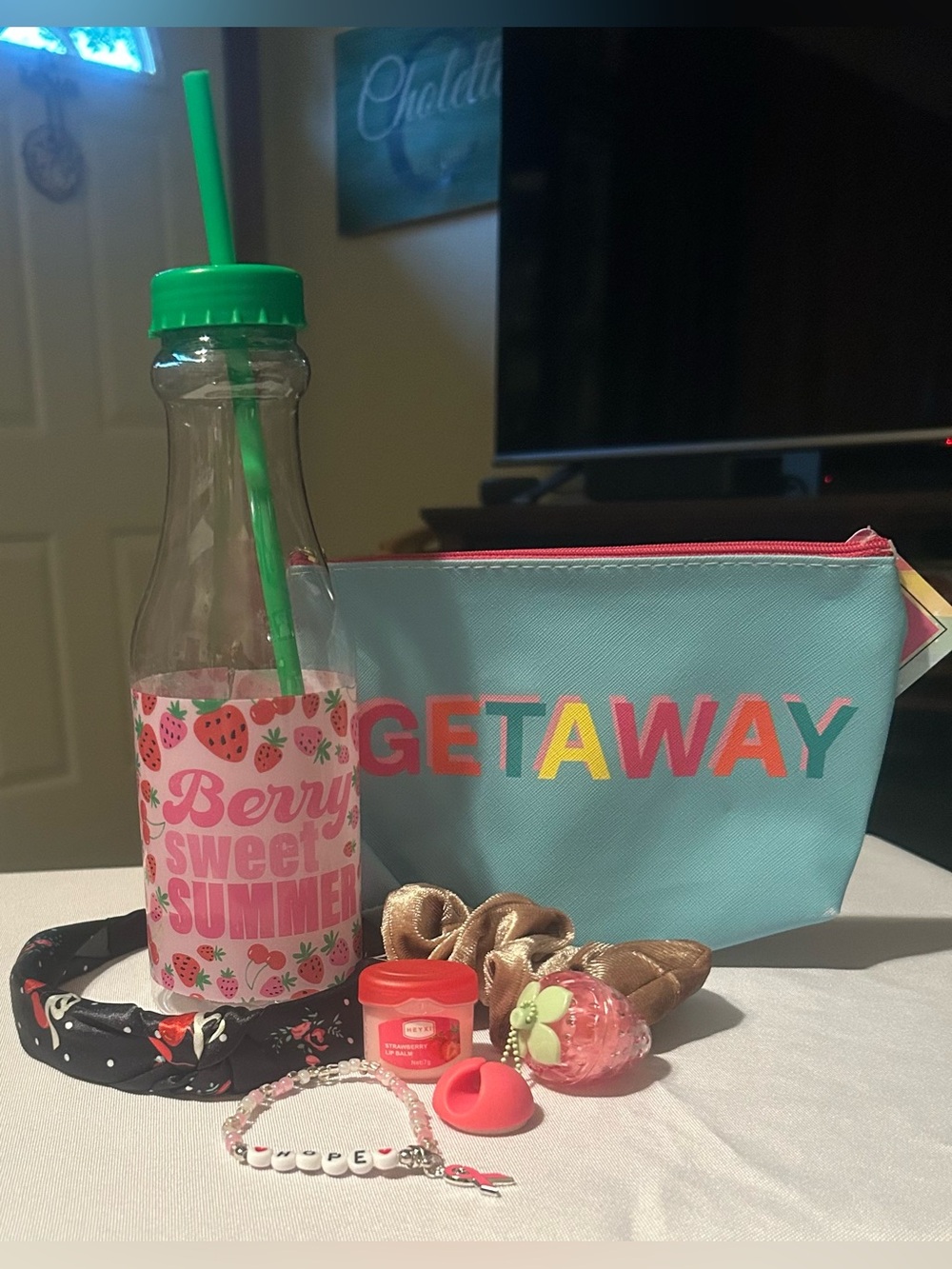 Teal "GETAWAY" Cosmetic Pouch with Strawberry Summer Tumbler Bundle